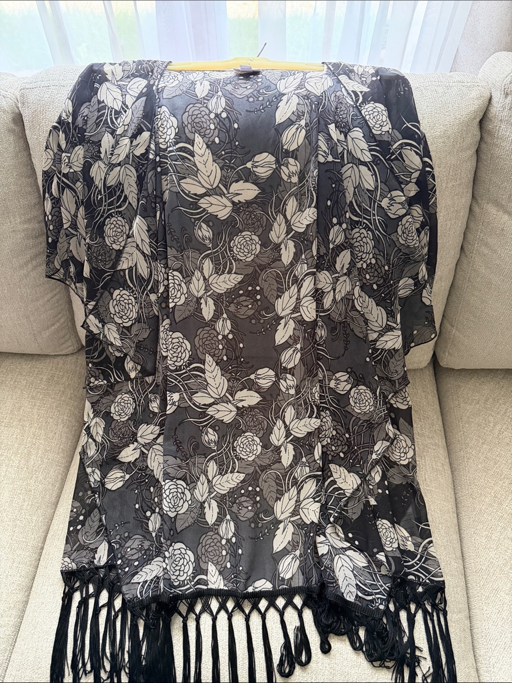 LuLaRoe Black & White Floral Sheer Fringe Kimono